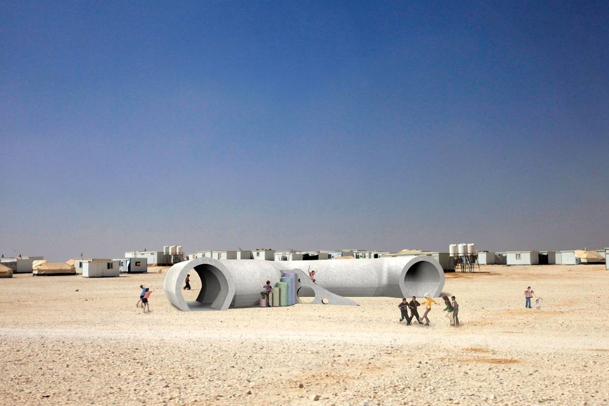 A view inside the Zaatari camp, northern Jordan. The harsh, desert environment, which is home to around 120,000 refugees from the conflict in Syria, is described by one UNHCR worker as like 'living on the moon'. Some 17,000 portakabins have now been brought in to provide more durable accommodation; many people have now been here for over a year, and endured freezing conditions last winter under canvas tents.