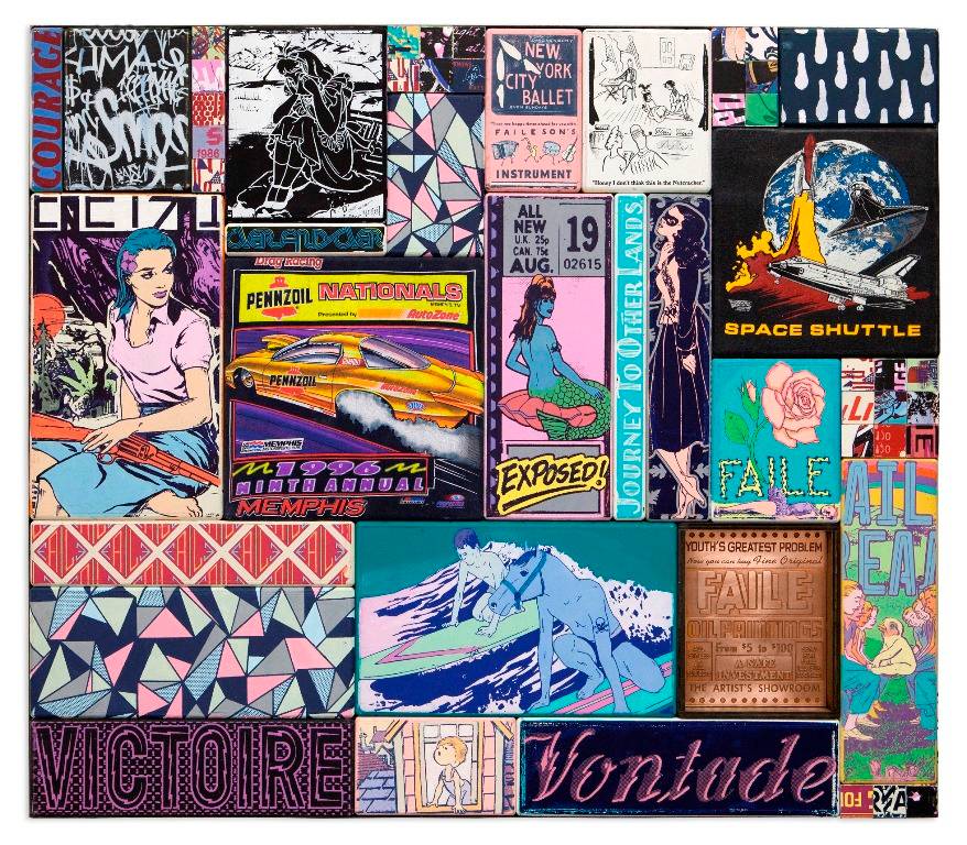 Faile, Memphis Courage, 2013 124x145X7 cm, acrylic, silkscreen Ink, copper and fabric on wood, steel frame