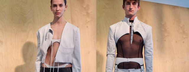 עיצובים של דניאל וייצמן (מימין) ואמילי מלשר, המחלקה לעיצוב אופנה, שנקר. צילומים: מ״ל