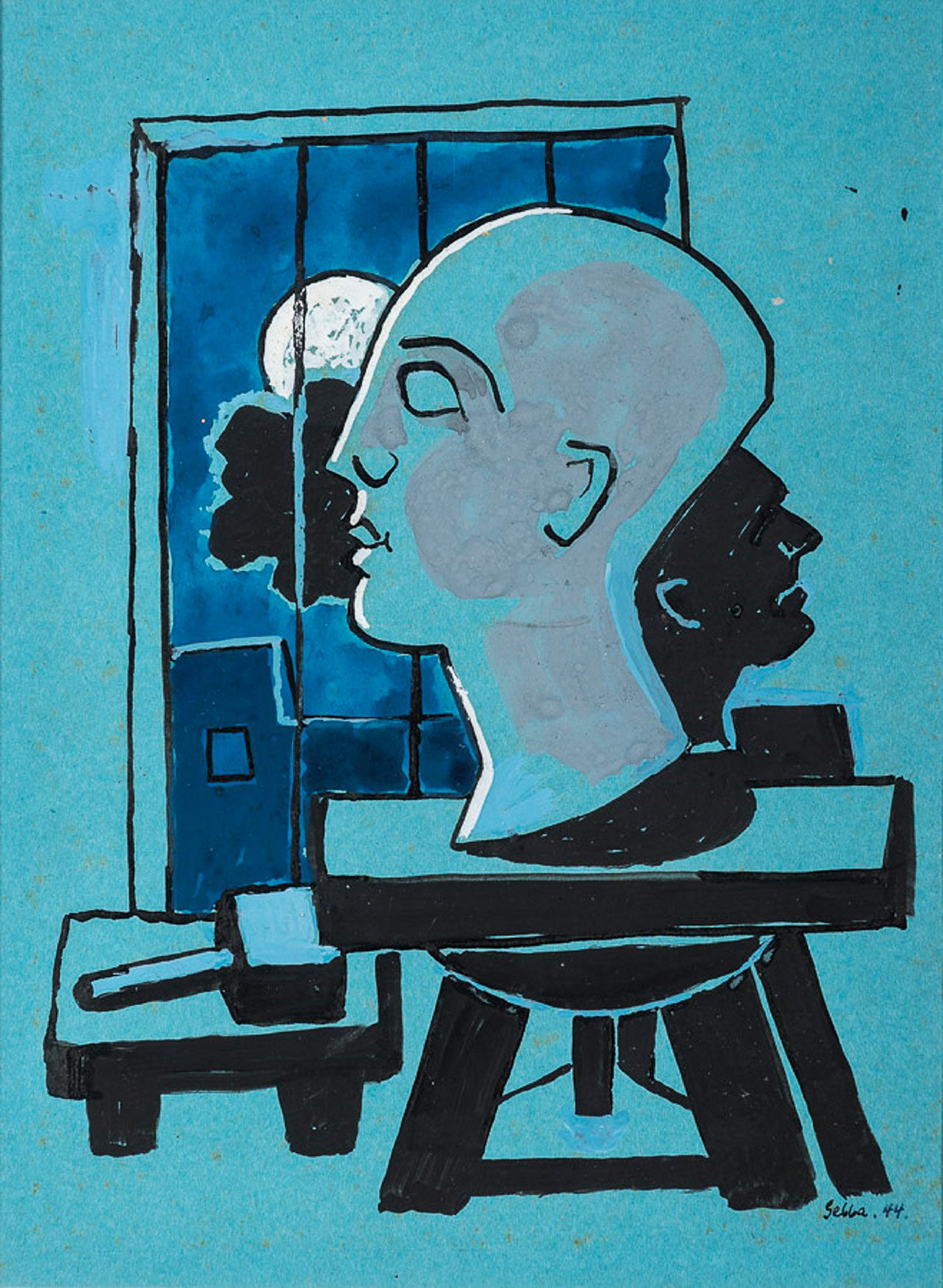 פסלים בסטודיו עם צדודית האמן, 1944