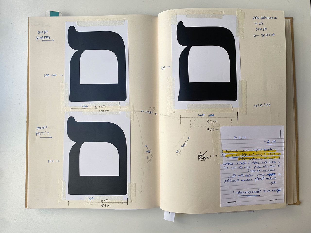 סקיצות מבחינת פונט דרוגולין, סטודיו ראג. צילום: מ״ל