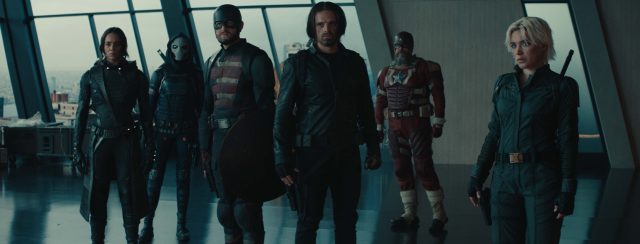 (L-R): Ghost (Hannah John-Kamen), Taskmaster (Olga Kurylenko), John Walker (Wyatt Russell), Bucky Barnes (Sebastian Stan), Alexei Shostakov/Red Guardian (David Harbour), and Yelena Belova (Florence Pugh) in Marvel Studios' THUNDERBOLTS*. Photo courtesy of Marvel Studios. © 2024 MARVEL.