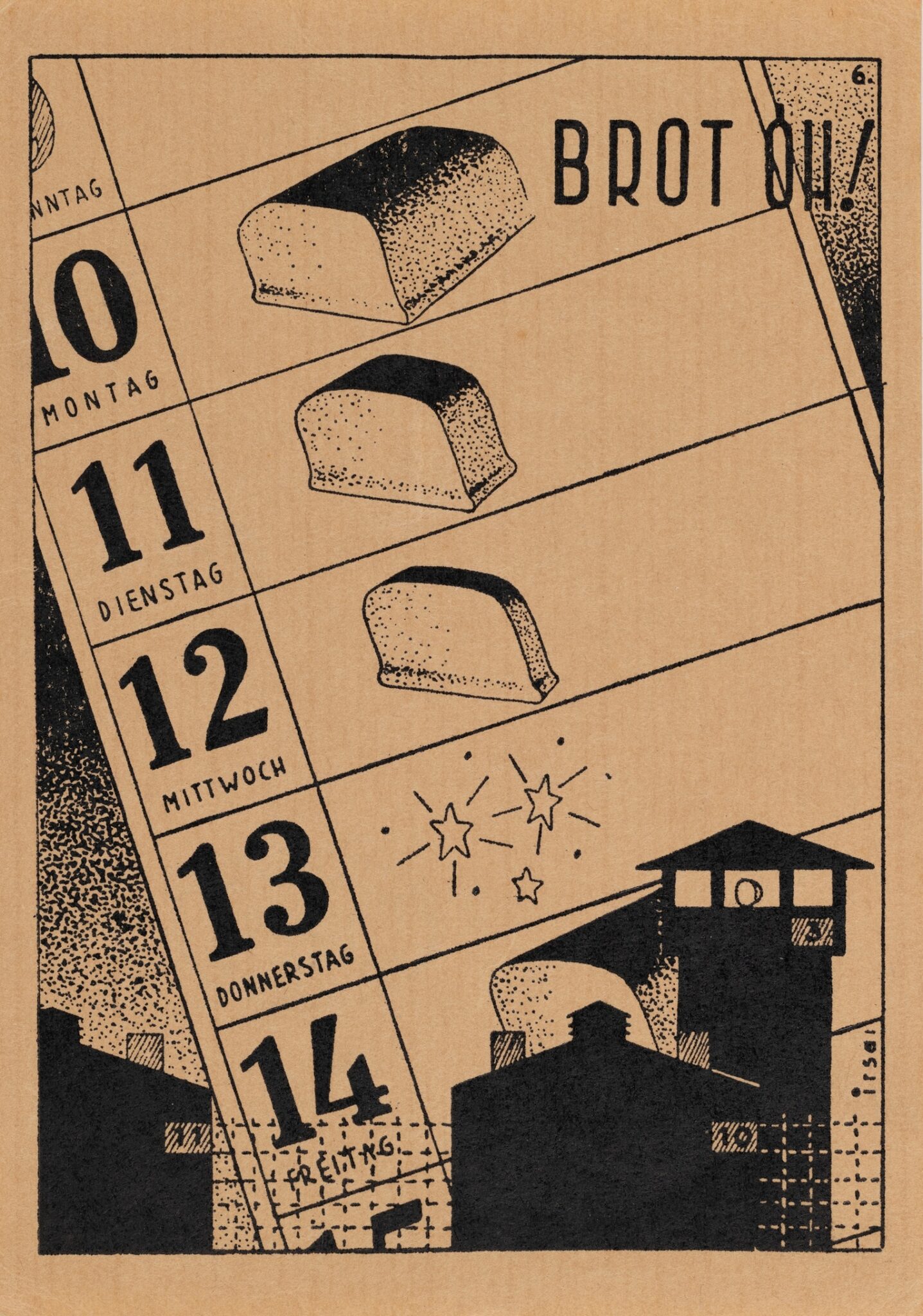 גלויה מברגן־בלזן; ״הו לחם!״, תפריט שבועי, 1944. צילום: עופרית רוזנברג / מוזיאון ישראל