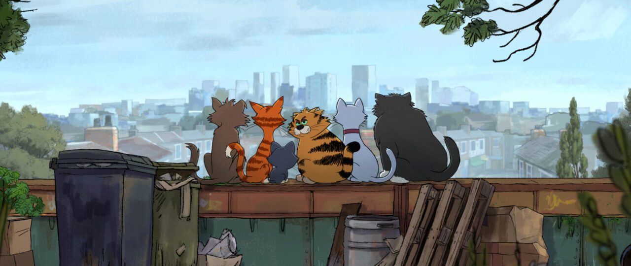 Alley Cats. (L to R) David Earl as Puke, Diane Morgan as Olive, Jo Hartley as Kitten, Ricky Gervais as Gus, Tom Basden as Ponce, Andrew Brooke as Fang, in Alley Cats. Cr. Courtesy of Netflix © 2026