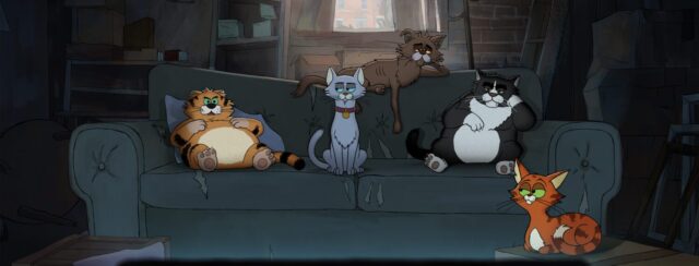 Alley Cats. (L to R) Ricky Gervias as Gus, Tom Basden as Ponce, David Earl as Puke, Andrew Brooke as Fang, Diane Morgan as Olive, in Alley Cats. Cr. Courtesy of Netflix © 2025