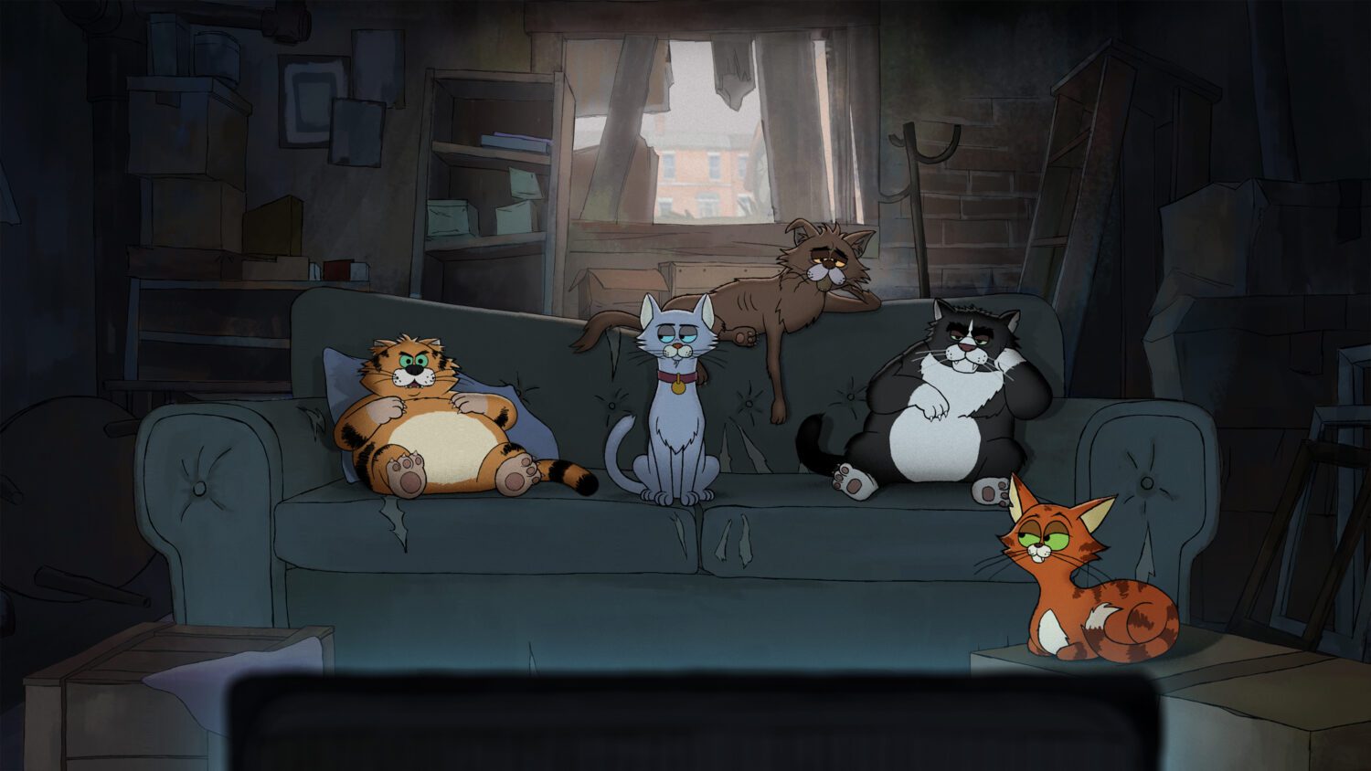 Alley Cats. (L to R) Ricky Gervias as Gus, Tom Basden as Ponce, David Earl as Puke, Andrew Brooke as Fang, Diane Morgan as Olive, in Alley Cats. Cr. Courtesy of Netflix © 2025