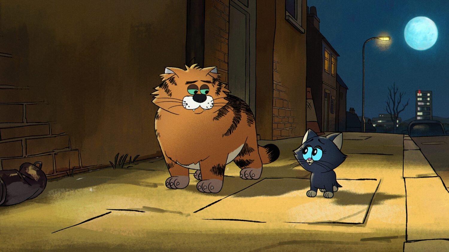 Alley Cats. (L to R) Ricky Gervias as Gus, Jo Hartley as Kitten, in Alley Cats. Cr. Courtesy of Netflix © 2026